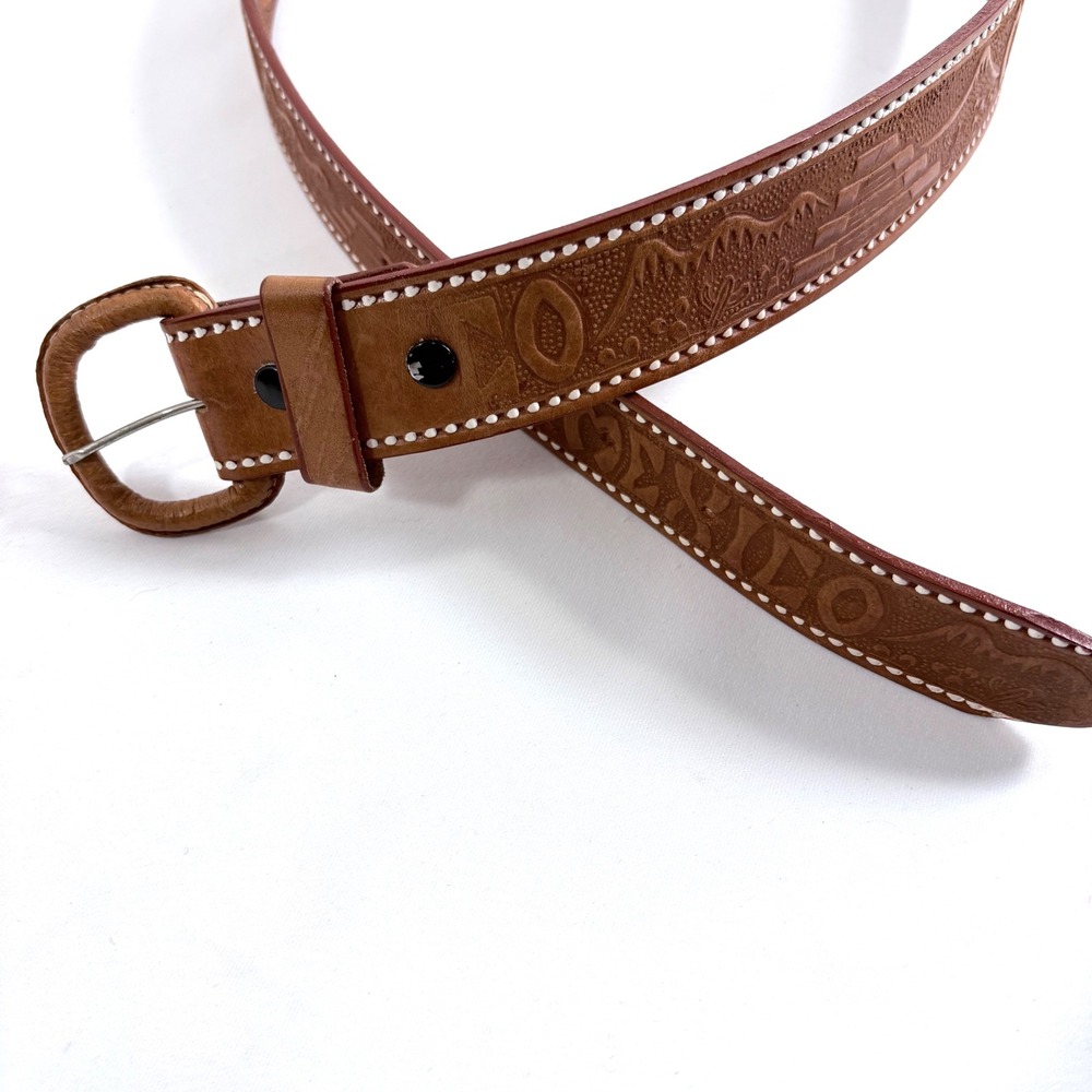 Vintage Tooled Leather Belt Brown Mexico Souvenir Aztec Pyramid Painted 43